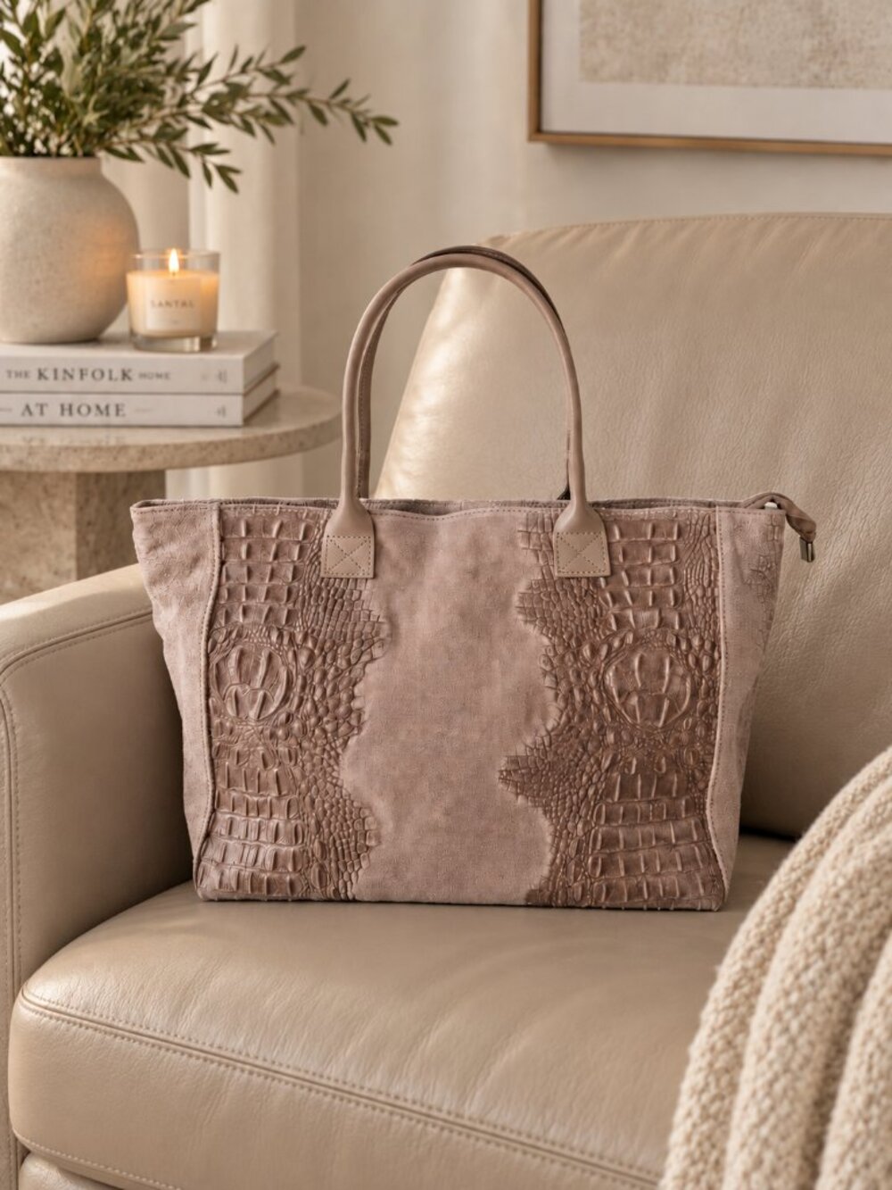 Dusty Rose Suede Tote Bag, Large Italian Leather Shopper, Croc Embossed Purse